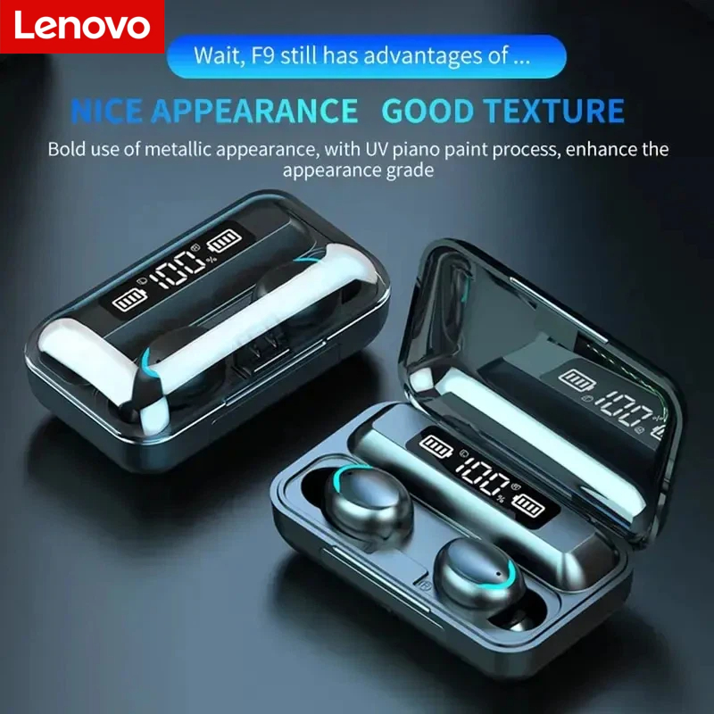 Earphones - หูฟังไร้สายบลูทูธ Lenovo F9 - กล่องชาร์จความจุสูงและหน้าจอดิจิตอล, หูฟังสำหรับเล่นเกมแบตเตอรี่ใช้งานได้ยาวนาน